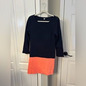J Crew navy and coral/orange colorblock dress.
